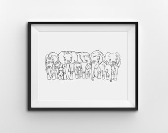 Lámina artística de familia de elefantes, decoración minimalista para el hogar (descarga digital)