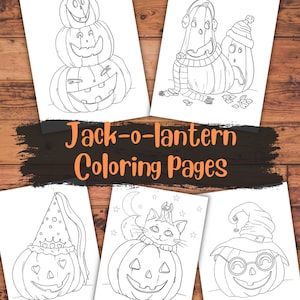 May include: Five black and white colouring pages featuring jack-o'-lantern pumpkins with different expressions and accessories. The title "Jack-o'-lantern Coloring Pages" is at the top of the image.