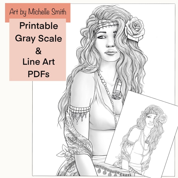 2 printable PDF adult coloring pages, beautiful gypsy portrait, bohemian girl, floral, detailed, rose