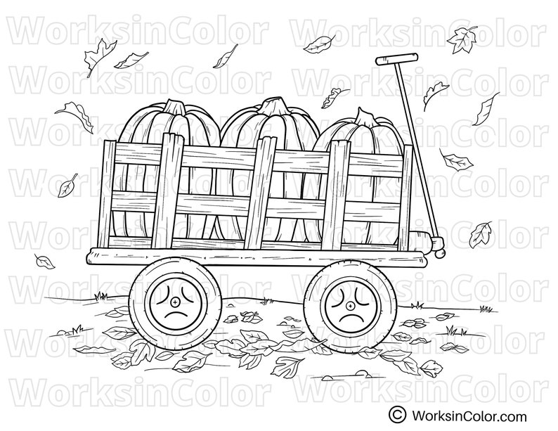 Wagon filled with 3 large pumpkins. There are fall leaves falling to the ground.