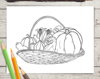 Página para colorear de una cesta de cosecha de otoño: calabazas (descarga digital)