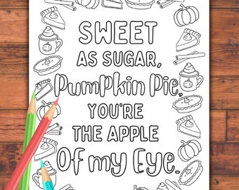 Página para colorear con poema de otoño: Pastel de calabaza (descarga digital)