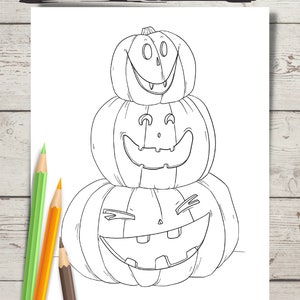 May include: A black and white line drawing of three stacked pumpkins with different facial expressions. The top pumpkin has a wide smile with two eyes and a small nose. The middle pumpkin has a wide smile with two eyes and a small nose. The bottom pumpkin has a wide smile with two eyes and a small nose. The pumpkins are stacked on top of each other. The drawing is on a white background.