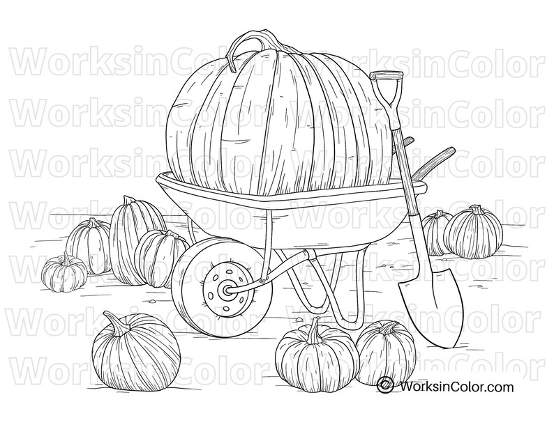 A shovel leans against an old wheel barrow filled with the biggest pumpkin in the patch.