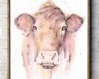 Watercolor Cow Glicée print, Abstract watercolor painting, wall art, print, nursery art, farm animal