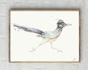 Watercolor Road Runner, Glicee Print, desert animal wall art, large prints available