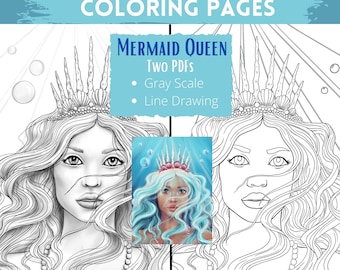 Imagina un mundo de sirenas, Reina sirena, página para colorear para adultos de fantasía, pdf digital, imprimible