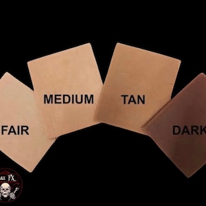 May include: Four square swatches labelled "FAIR", "MEDIUM", "TAN", and "DARK" in varying shades of beige and brown. The swatches are arranged diagonally against a black background. The logo "Fake FX" is in the lower left corner.
