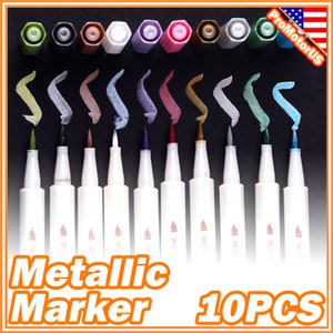 10pcs Dual-End Metallic Glitter Marker Pens, With Brush And Fine