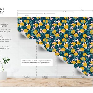 May include: Wallpaper panels with a repeating pattern of yellow lemons, green leaves, and pink flowers on a dark blue background. The panels are labeled and show measurements in inches, including 24, 48, 72, 96, and 120 inches.