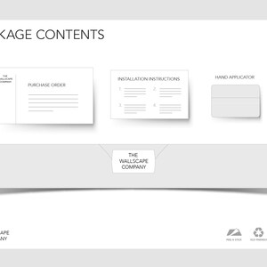 May include: An image titled "Package Contents" shows a purchase order, installation instructions, and a hand applicator. A long, curved object is at the bottom, with the text "The Wallscape Company." The image also includes icons for peel & stick, eco-friendly, and removable.
