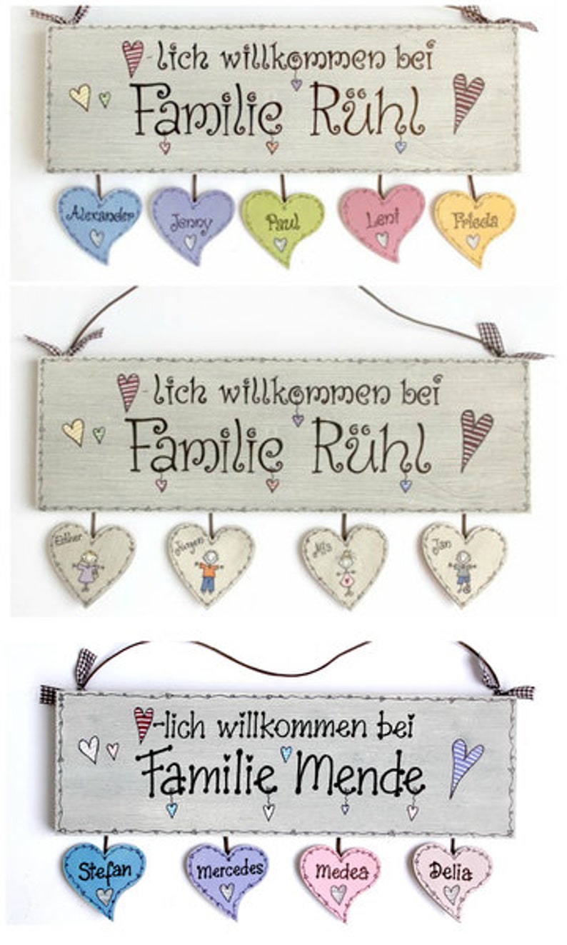 Türschild Familie aus Holz mit Namen personalisiert. Holzschild, Familienschild handbemalt, Haustürschild, Holztürschild für Zuhause. Willkommensschild mit Aufhängekordel. Geschenk zu Hochzeit, Geburt, Umzug, Einzug, Muttertag, Weihnachten.