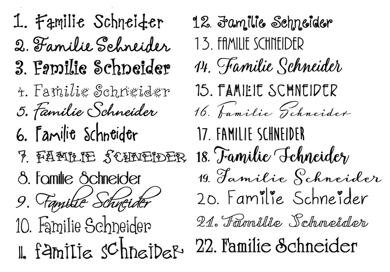 Schriftauswahltabelle für Türschild Familie aus Holz mit Namen und Herzanhänger personalisiert.