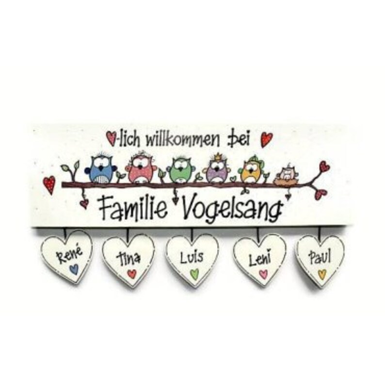 Türschild Familie aus Holz mit Namen personalisiert. Holzschild mit Herzanhänger, Familienschild handbemalt, Haustürschild mit Eulen. Holztürschild, Willkommensschild für Zuhause. Geschenk zu Hochzeit, Geburt, Umzug, Einzug, Weihnachten.