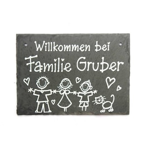 Türschild Familie aus Schiefer personalisiert mit Name. Wetterfestes Schieferschild mit Figuren. Namensschild, Haustürschild, Familienschild, Willkommensschild handbemalt. Geschenk Hochzeit, Geburt, Umzug, Einzug, Geburtstag, Weihnachtsgeschenk.