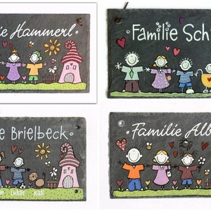 Türschild Familie aus Schiefer personalisiert mit Name. Wetterfestes Schieferschild, Namensschild mit Figuren. Haustürschild, Familienschild, Willkommensschild handbemalt. Geschenk Hochzeit, Geburt, Umzug, Einzug, Geburtstag, Weihnachtsgeschenk.