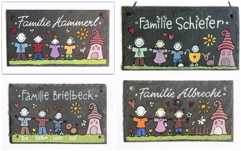 Türschild Familie aus Schiefer personalisiert mit Name. Wetterfestes Schieferschild, Namensschild mit Figuren. Haustürschild, Familienschild, Willkommensschild handbemalt. Geschenk Hochzeit, Geburt, Umzug, Einzug, Geburtstag, Weihnachtsgeschenk.