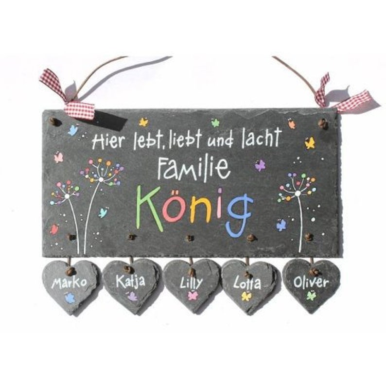 Türschild Familie aus Schiefer personalisiert mit Namen. Wetterfestes Schieferschild mit Pusteblumen und Schmetterlinge. Namensschild, Haustürschild, Familienschild handbemalt. Geschenk Hochzeit, Geburt, Einzug, Geburtstag, Weihnachtsgeschenk.