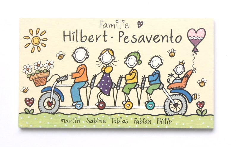 Türschild Familie aus Holz mit Namen personalisiert. Holzschild mit Fahrrad, Familienschild handbemalt, Haustürschild mit Figuren. Holztürschild, Willkommensschild für Zuhause. Geschenk zu Hochzeit, Geburt, Umzug, Einzug, Weihnachten.