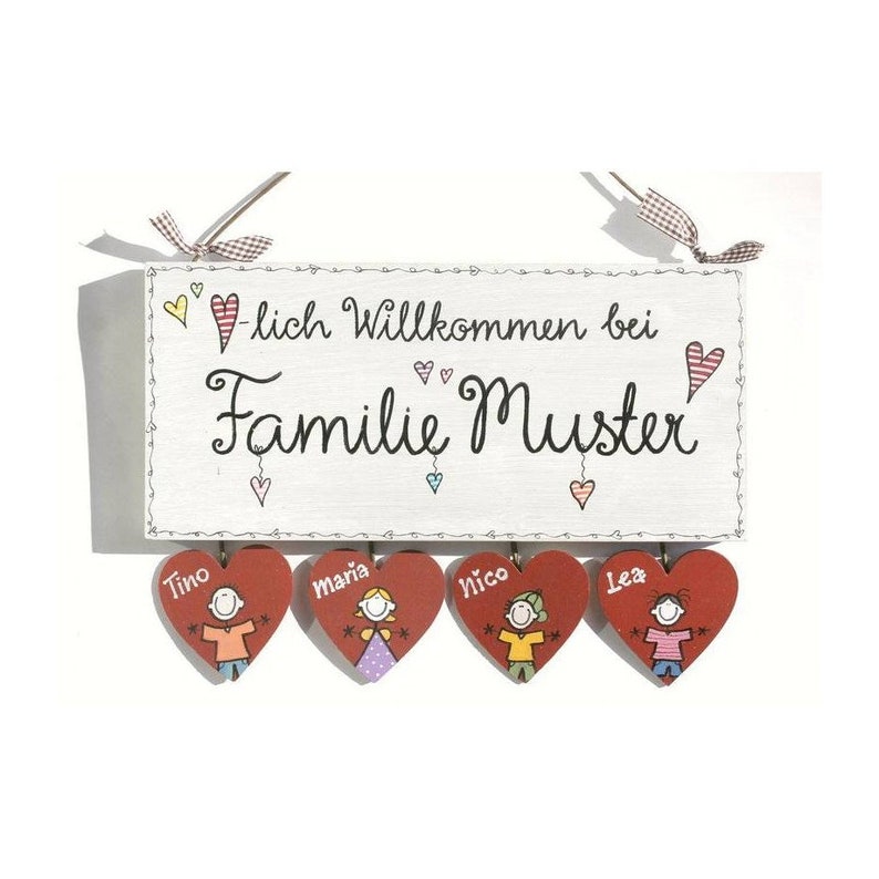 Türschild Familie aus Holz mit Namen personalisiert. Holzschild mit Herzanhänger, Familienschild handbemalt, Haustürschild mit Figuren. Holztürschild, Willkommensschild für Zuhause. Geschenk zu Hochzeit, Geburt, Umzug, Einzug, Weihnachten.