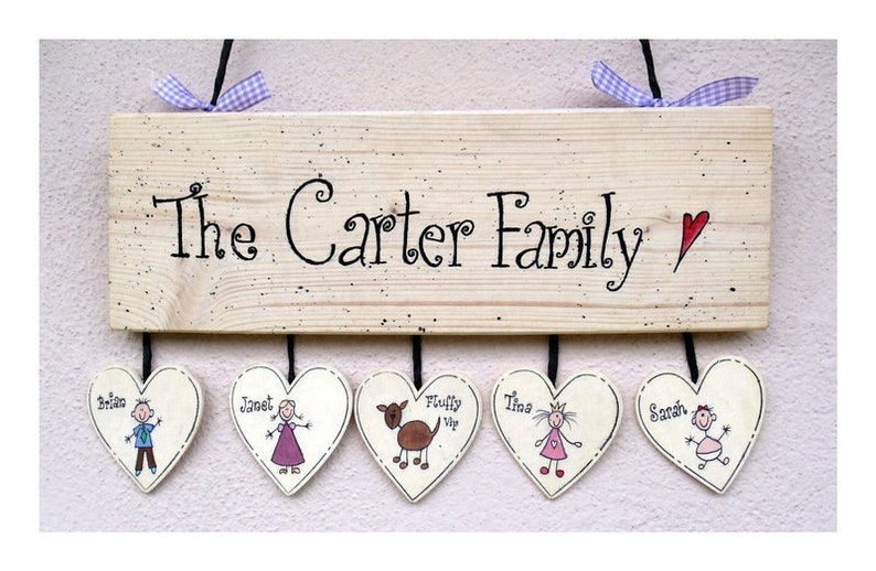 Türschild Familie aus Holz mit Namen personalisiert. Holzschild mit Herzanhänger, Familienschild handbemalt, Haustürschild mit Figuren. Holztürschild, Willkommensschild für Zuhause. Geschenk zu Hochzeit, Geburt, Umzug, Einzug, Weihnachten.