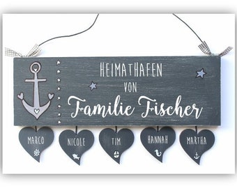 maritimes Holztürschild für Familien mit Namen personalisiert. Türschild Heimathafen aus Holz mit Anker. Einzugsgeschenk, Hochzeitsgeschenk.