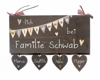 Namensschild Familie personalisiert | Türschild Wimpelkette antikbraun | Haustürschild mit Namen | Holzschild | Familienschild | Geschenk