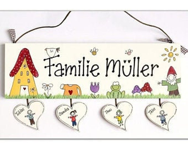 Türschild Familie aus Holz mit Namen personalisiert. Holzschild mit Herzanhänger, Familienschild handbemalt, Haustürschild mit Figuren. Holztürschild, Willkommensschild für Zuhause. Geschenk zu Hochzeit, Geburt, Umzug, Einzug, Weihnachten.