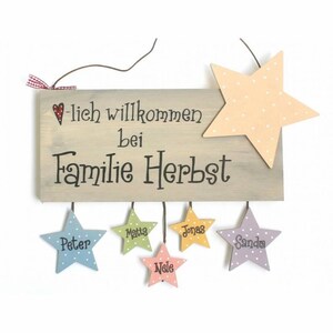 Türschild Familie aus Holz mit Namen personalisiert. Holzschild mit Sternanhänger, Familientürschild handbemalt, Haustürschild mit Aufhängekordel. Holztürschild, Willkommensschild für Zuhause. Geschenk zu Hochzeit, Geburt, Einzug, Weihnachten.