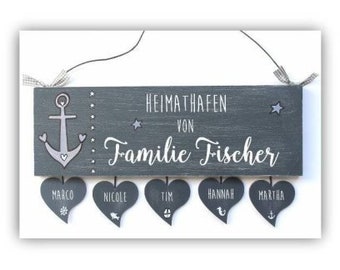 Familientürschild mit Namen personalisiert | Türschild Heimathafen | Familienschild Holz | Haustürschild | Holzschild | Namensschild | Anker