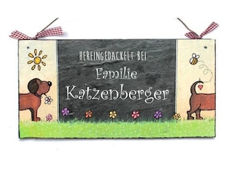 Schiefer Türschild Dackel personalisiert mit Namen der Familie | Schieferschild Hund | Familienschild Schiefer | Haustürschild wetterfest