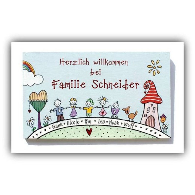 Türschild Familie aus Holz mit Namen personalisiert. Holzschild, Namensschild handbemalt. Haustürschild mit Figuren, Familienschild mit Aufhängekordel. Eingangsschild für das Zuhause. Individuelles Einzugsgeschenk / Hochzeitsgeschenk.