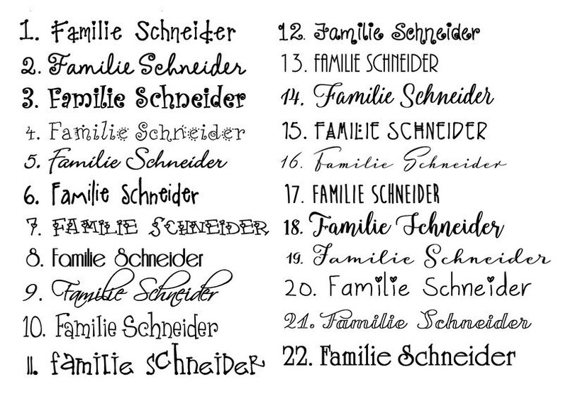 Schriftauswahltabelle für Türschild aus Holz für Familien mit Namen, Herzanhänger und Figuren personalisiert.
