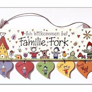 Türschild Familie aus Holz mit Namen personalisiert. Holzschild mit Herzanhänger, Familienschild handbemalt, Haustürschild mit Figuren. Holztürschild, Willkommensschild für Zuhause. Geschenk zu Hochzeit, Geburt, Umzug, Einzug, Weihnachten.