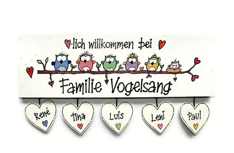 Türschild Familie aus Holz mit Namen personalisiert. Holzschild mit Herzanhänger, Familienschild handbemalt, Haustürschild mit Eulen. Holztürschild, Willkommensschild für Zuhause. Geschenk zu Hochzeit, Geburt, Umzug, Einzug, Weihnachten.