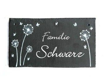 personalisiertes Schiefertürschild für Familien, Namensschild Pusteblume aus Schiefer, Schieferschild, Haustürschild mit Name personalisiert
