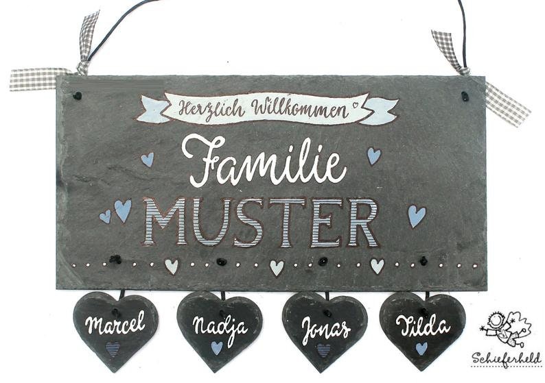 Türschild Familie aus Schiefer personalisiert mit Namen. Wetterfestes Schieferschild mit Herzanhänger. Namensschild, Haustürschild, Familienschild, Willkommensschild handbemalt. Geschenk Hochzeit, Geburt, Einzug, Geburtstag, Weihnachtsgeschenk.