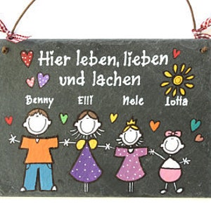 Türschild Familie aus Schiefer personalisiert mit Namen. Wetterfestes Schieferschild mit Figuren. Namensschild, Haustürschild, Familienschild, Willkommensschild handbemalt. Geschenk Hochzeit, Geburt, Umzug, Einzug, Geburtstag, Weihnachtsgeschenk.