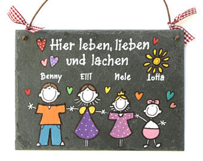 Türschild Familie aus Schiefer personalisiert mit Namen. Wetterfestes Schieferschild mit Figuren. Namensschild, Haustürschild, Familienschild, Willkommensschild handbemalt. Geschenk Hochzeit, Geburt, Umzug, Einzug, Geburtstag, Weihnachtsgeschenk.