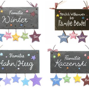 Türschild Familie aus Schiefer mit Namen personalisiert. Wetterfestes Schieferschild mit Sternanhänger. Namensschild, Haustürschild, Familienschild, Eingangsschild handbemalt. Individuelles Einzugsgeschenk oder Hochzeitsgeschenk.