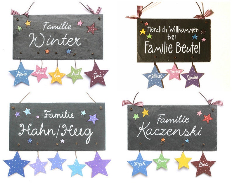 Türschild Familie aus Schiefer mit Namen personalisiert. Wetterfestes Schieferschild mit Sternanhänger. Namensschild, Haustürschild, Familienschild, Eingangsschild handbemalt. Individuelles Einzugsgeschenk oder Hochzeitsgeschenk.