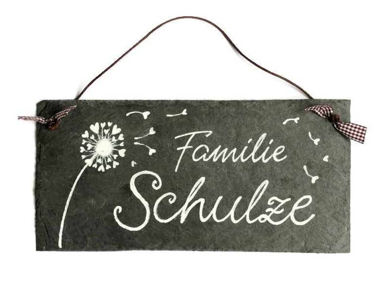 Türschild Familie aus Schiefer mit Namen personalisiert. Wetterfestes Schieferschild mit Pusteblume. Namensschild, Haustürschild, Familienschild, Willkommensschild, Eingangsschild handbemalt. Individuelles Einzugsgeschenk oder Hochzeitsgeschenk.