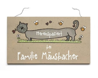 Türschild aus Holz für die Familie mit Name personalisiert, Holzschild mit Katze, einzigartiges Geschenk für Zuhause, Namensschild Haustür