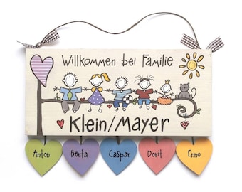 Einzugsgeschenk Haus, Türschild Familie personalisiert mit Namen, Holzschild mit Figuren, Haustürschild für den Eingang, Namensschild