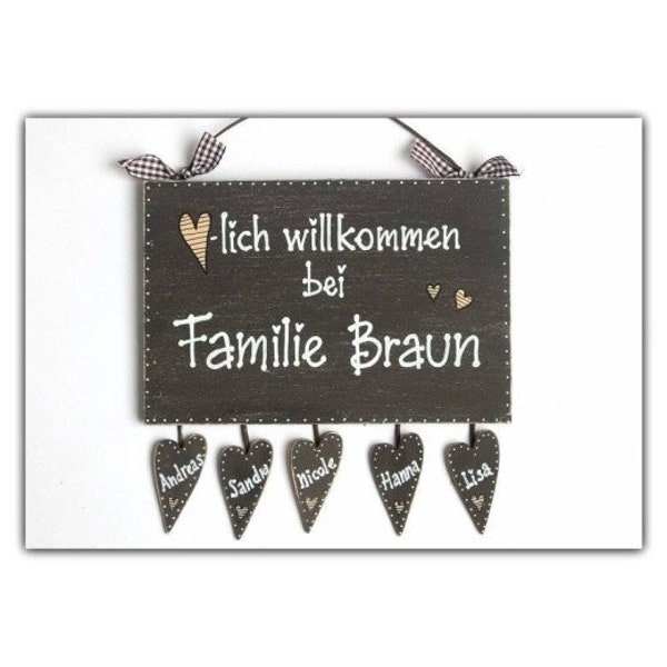 Türschild Holz Herzlich Willkommen bei Familie mit Wunschname und Herzanhänger personalisiert | Holzschild | Holztürschild | Namensschild