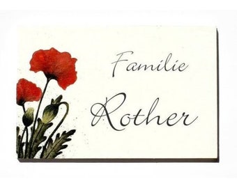 Türschild aus Holz für die Familie mit Name personalisiert, Holzschild Mohnblumen, Haustürschild, personalisiertes Geschenk für das Zuhause