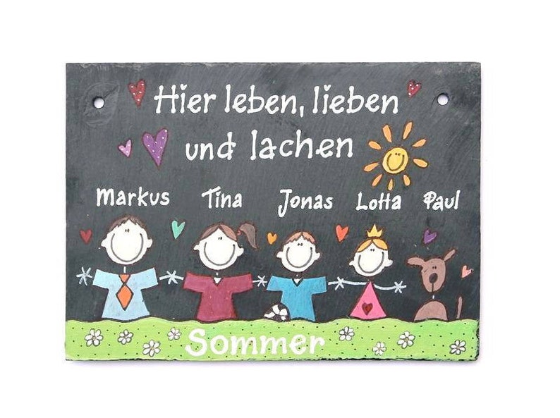 Türschild Familie aus Schiefer personalisiert mit Namen. Wetterfestes Schieferschild, Namensschild mit Figuren. Haustürschild, Familienschild, Willkommensschild handbemalt. Geschenk Hochzeit, Geburt, Umzug, Einzug, Geburtstag, Weihnachtsgeschenk.