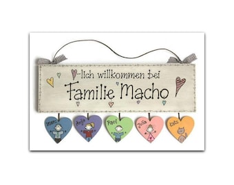 Haustürschild Familie aus Holz mit Namen personalisiert | Holzschild mit Herzanhänger | Familienschild | Namensschild | Holz Türschild