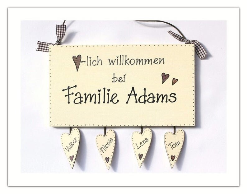 Türschild Familie aus Holz mit Namen personalisiert. Holzschild, Familienschild handbemalt, Haustürschild, Holztürschild für Zuhause. Willkommensschild mit Aufhängekordel. Geschenk zu Hochzeit, Geburt, Umzug, Einzug, Muttertag, Weihnachten.