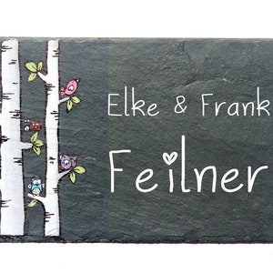 Türschild Familie aus Schiefer personalisiert mit Namen. Wetterfestes Schieferschild, Namensschild Birkenstamm. Haustürschild, Familienschild, Willkommensschild handbemalt. Geschenk Hochzeit, Geburt, Umzug, Einzug, Geburtstag, Weihnachtsgeschenk.